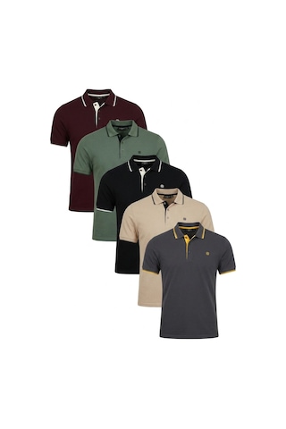 Buratti Pamuklu Slim Fit Şerit Detaylı Düğmeli Polo Yaka 5'Li Paket Erkek T Shirt 5902118S5 Siyah-Beyaz-Haki-Vişnebeyaz-Antrasitvizon