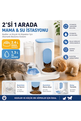2'si 1 Arada Hazneli Kedi Ve Köpek Mama Kabı & Su Sebili 2.4 L Mama Haznesi 1.3 L Su Haznesi