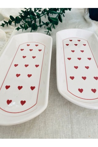 Love Kırmızı Kalp 2 Adet Oval Tabak Kırmızı