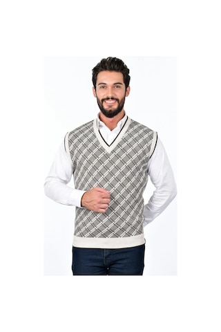 Kamalı Erkek Çelik Örgü Ekose Desenli Kalın Triko V Yaka Triko Örgü Tüylenmez Süveter Regular Taş