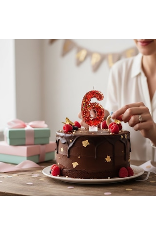 Turuncu Simli Pasta Mumu Doğum Günü Mum 6 Yaş