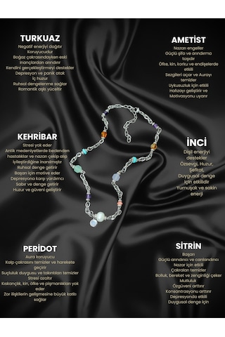Sertifikalı Aa+ Peridot &ametist-kehribar-inci-sitrin-mercan-turkuaz Doğal Taş Çelik Kadın Kolye Çok Renkli