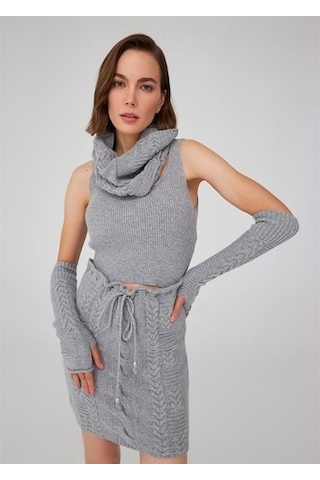 Peraluna Saç Örgü Desenli Kadın Triko Etek Gri Melanj