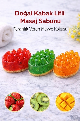 Doğal Kabak Lifli Masaj Sabunu 3 Lü Set Çilek,mango Ve Kivi Karışık Meyve