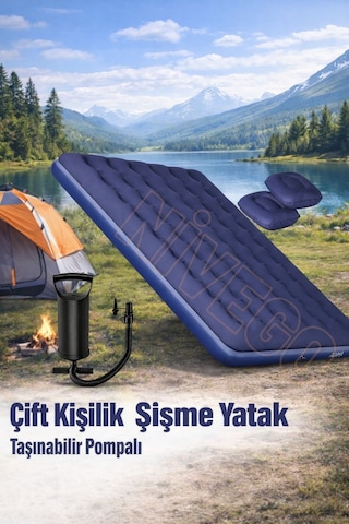 Nivego Çift Kişilik Şişme Yatak Dahili Pompalı 203x152x22cm Kamp & Ev Kullanımı İçin Delinmeye Ve Kesilmeye Dayanıklı Lacivert