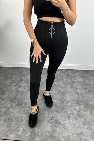 Kadın Yüksek Bel Toparlayıcı Korse Detay Dalgıç Kumaş Tayt Siyah