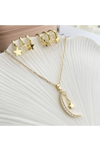 Ay Yıldızlı Kolye Küpe Seti Gold Renk Zirkon Taşlı Kadın Kolye Küpe Set 45cm Gold