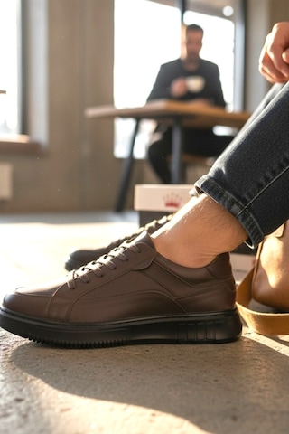 Enoch Hakiki Deri Bağcıklı Erkek Sneaker Ayakkabı Ortopedik Taban Kahverengi