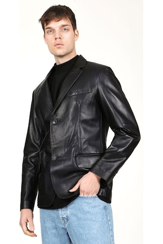 Dericlub Erkek Venedik Kruvaze Yaka Hakiki Deri Blazer Ceket Siyah Siyah