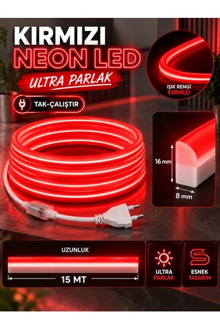 15 Metre Tak Çalıştır Kırmızı Renk Neon Led Borsan 220v Neon Led Kırmızı Montaj Aparatı Dahil