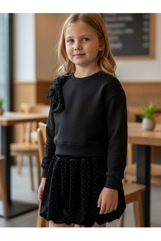 Zekids Kız Çocuk Yumuşak Dokulu Büyük Fiyonk Detaylı Işıltılı Etekli Takım-16437 Siyah