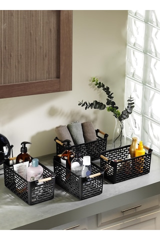 Çok Amaçlı Tutacaklı Organizer Sepet - Dolap Içi & Çekmece Düzenleyici Sepet - Siyah Siyah