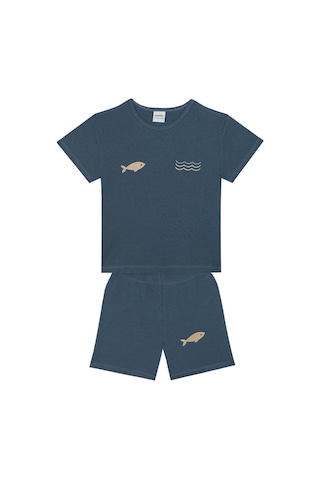 Antebies Bambu, Sustainable, Mavi,balık Nakışlı Kısa Kollu Erkek Çocuk Tshirt Şort Takımı Lacivert