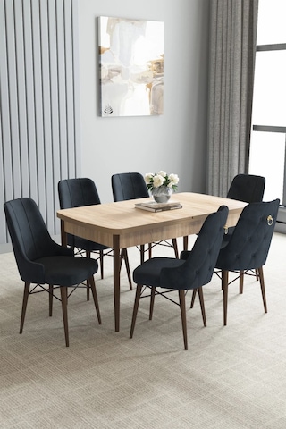 Zümra Serisi, Meşe Desen 80x132 Açılabilir Mdf Mutfak Masası Takımı 6 Adet Sandalye, Antrasit