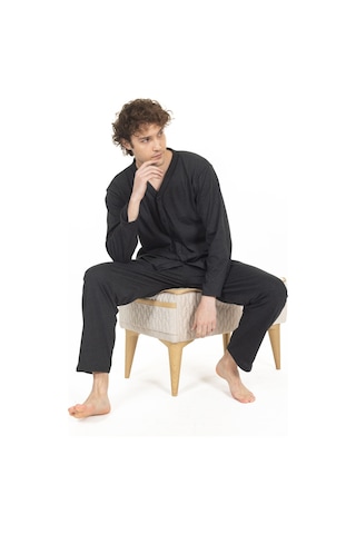 Erkek Boydan Düğmeli Yüksel Kalite Pamuk Pijama Takımı 16511-koyu Gri Koyu Gri