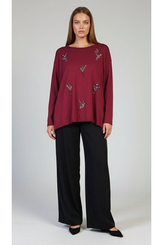 Taş Desenli Uzun Kollu Bambu Viskon Kumaş Bluz Bordo