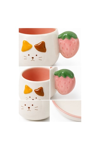 Kedi Desenli Çilek Kulplu 2'li Kahve Fincanı 140 Ml Diğer