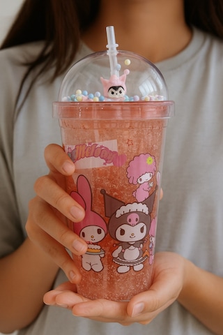Kuromi Temalı Pembe Suluk Pipetli Buzlu Cam Görünümlü 450 Ml Çift Katman Mika Su Şişesi 2647 Pembe Kırmızı - Buzmavisi
