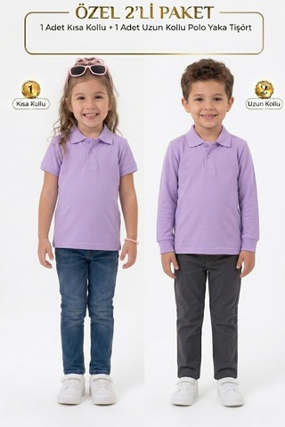 Nacar Store Unisex Çocuk Uzun Ve Kısa Kollu Polo Yaka Okul Tişörtü 2'li Set Lila