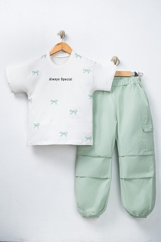 Aden Kids 10-13 Yaş Yeşil Renk Oversize Kız Çocuk Pamuk Keten Pantalonlu Alt Üst Takım Pembe