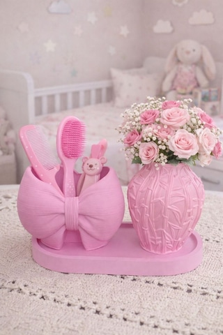 Pembe Fiyonk Desenli Organizer Kabartma Desenli Vazo Seti - Bebek & Çocuk Odası Organizer