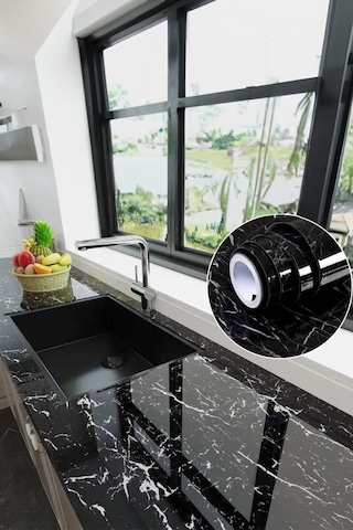 Thentech Siyah Mermer Desenli Tezgah Ve Dolap Kaplama Kağıdı Su Geçirmez 5 Metre Dayanıklı Yapışkanlı Kağıt