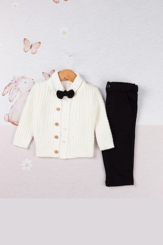 Erkek Bebek Triko Hırkalı Papyon Detaylı Takım Ekru