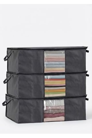 3'lü Siyah Pencereli Hurç Seti 64x45x22 Cm Bez Kumaş Baza Altı Organizer, Şeffaf Pencereli Hurç, Giysi Ve Nevr Diğer