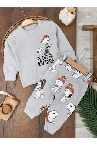 Bisiklet Yaka Peanuts Friends Baskılı Alt Üst Pijama Takımı 4bb2 Gri