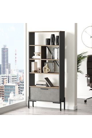 Robinhome Robin Home Berlin D Ofis Kitaplık Metal Ayaklı Kahve-Beton-Antras