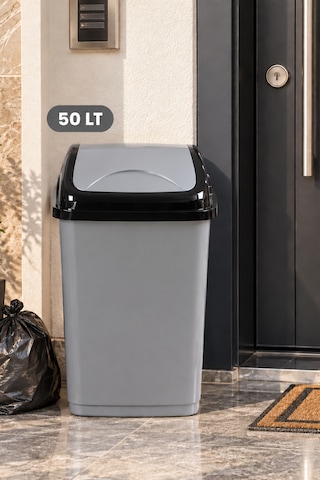 Porsima 1407 50 Lt Vittoria Sallanır Döner Kapaklı Mutfak Ve Banyo Çöp Kovası Gri / Siyah Kapaklı