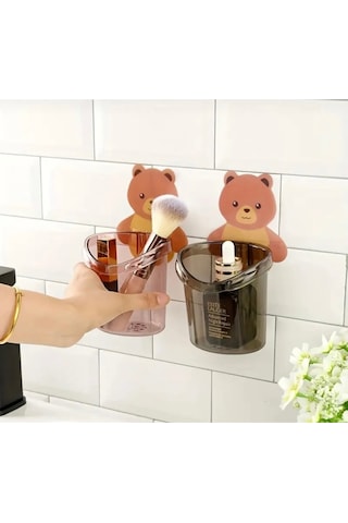 3 Lü Ayı Figürlü Diş Fırçalık Seti Yapışkanlı Duvara Yapışan Banyo Organizer Füme