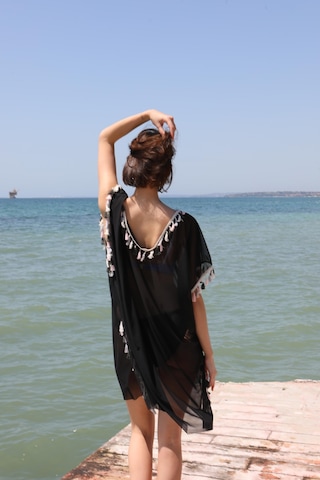 Modi Moda Çizgi Kadın Püsküllü Tunik Pareo Plaj Elbisesi Siyah 38050