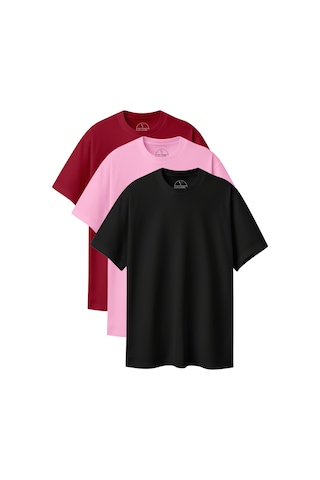 Velvoria Unisex Oversize Basic 3'lü Bordo Pembe Siyah Renk T-shirt Çok Renkli13