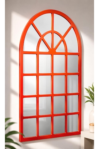 Peak Dizayn Pencere Model Duvar Aynası 123x70 Cm Dekoratif Salon Aynası Modern Bölmeli Çerçeveli Duvar Aynası Antre Dresuar Aynası Kırmızı