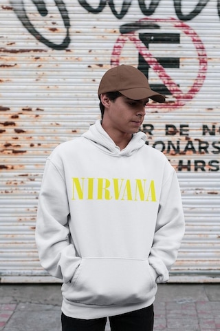 Sevbano Nirvana Yazılı Unisex Oversize Tasarım Hoodie Beyaz