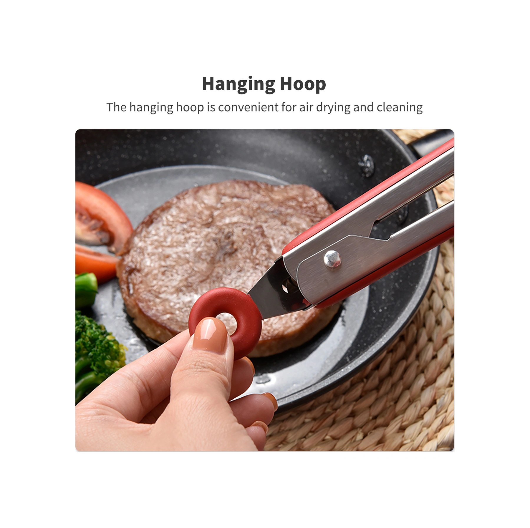 Youmex 34.5 Cm Büyük Boy Gıda Kalitesi Silikon & Paslanmaz Çelik Izgara Araçları, Isıya Dayanıklı, Tutuşu Kolay, Asma Çemberi, Kırmızı Çok Renkli