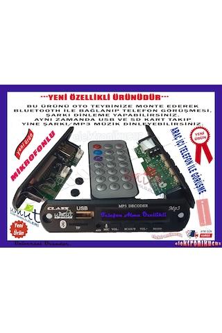 Bluetoothlu Oto Teyp Usb Sd Çevirici Aux Kumandalı Mikrofonlu