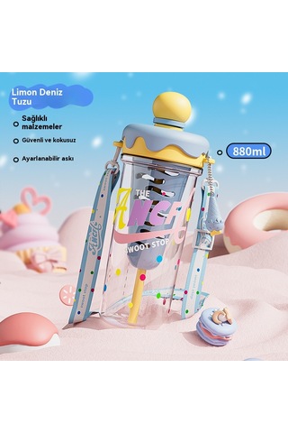 Büyük Kapasiteli Karikatür Taşınabilir Plastik Su Bardağı Mavi