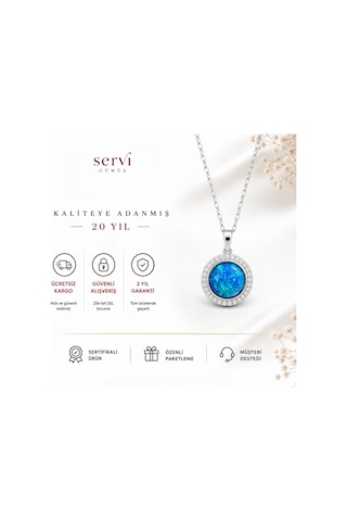 Servi 925 Ayar Gümüş Zirkon Çerçeveli Yuvarlak Opal Taşlı Kolye-463