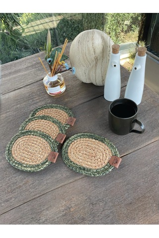 4 Adet Oval Dekoratif Bardak Altlığı Seti - Yuvarlak , Leke Tutmaz - Naturel-yeşil 13x17 Cm Yeşil