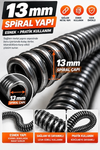 13 Mm 10 Metre Kanal Açıcı Spiral Ahşap Saplı Manuel Gider Açma Teli, Lavabo Ve Boru Temizleme S