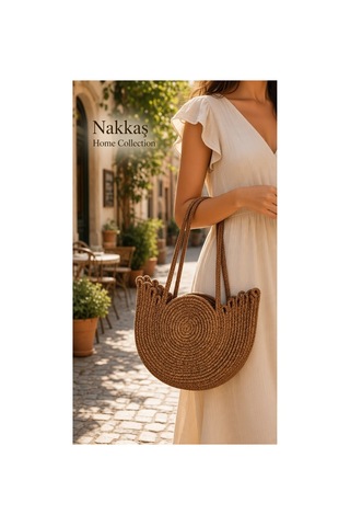 Nakkaş Home Collection Jüt Çanta Kadın Hasır Çanta, Plaj Çantası, Omuz Ve Günlük Kullanım Çantası-kahvrengi-35x30 Cm