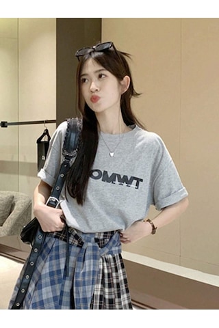 Fromwt T-shirt - Gri Baskılı Oversize Bisiklet Yaka Kısa Kol Gri