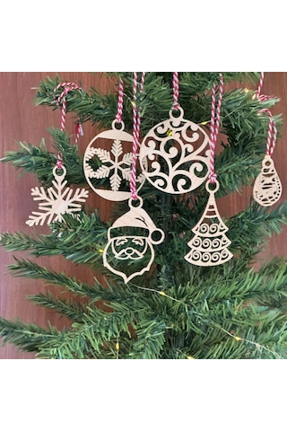 Büro Ev Partisi İçin 6parça Kırmızı Beyaz İpli Noel Baba Kar Tanesi Ahşap Yılbaşı Ağaç Süsü