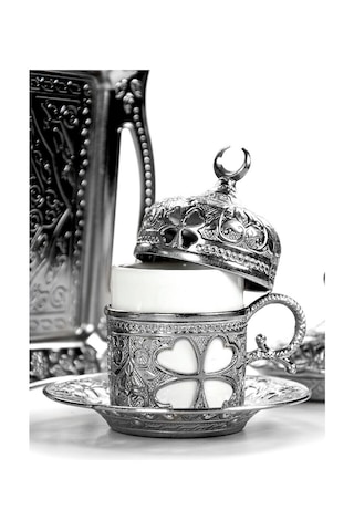 Sena Yonca Desenli Porselenli 4 Parça Gümüş Renk Fincan