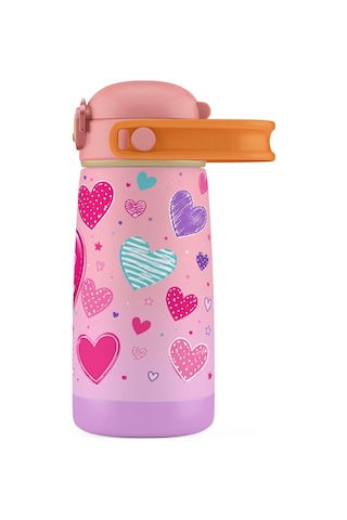 Puccon 420 Ml Pembe Kalp Desenli Bey Happy Yazılı Kız Çocuk Çelik Okul Matarası - 60020 Koyu Pembe