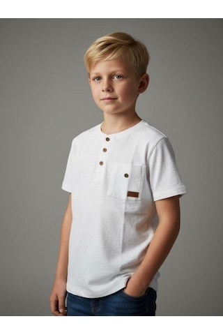 Zekids Erkek Çocuk Pamuklu Düğmeli Basic T-shirt-16780 Ekru