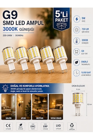 5 Adet 9w 750 Lm 3000k Günışığı G9 Smd Led Ampul