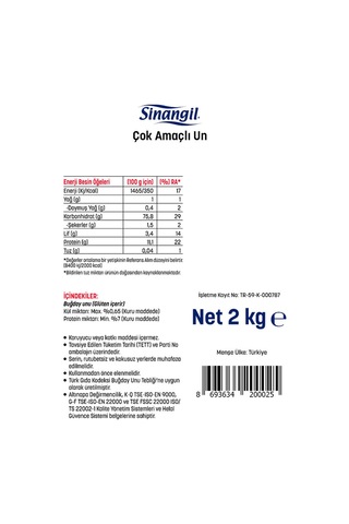 Sinangil Un 2 Kg Çok Amaçlı Buğday Unu, Ev Ve Profesyonel Kullanım